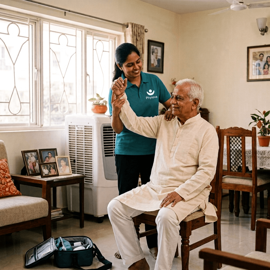 Physova physiotherapist supporting an older adult during a home visit in HSR Layout, Bangalore